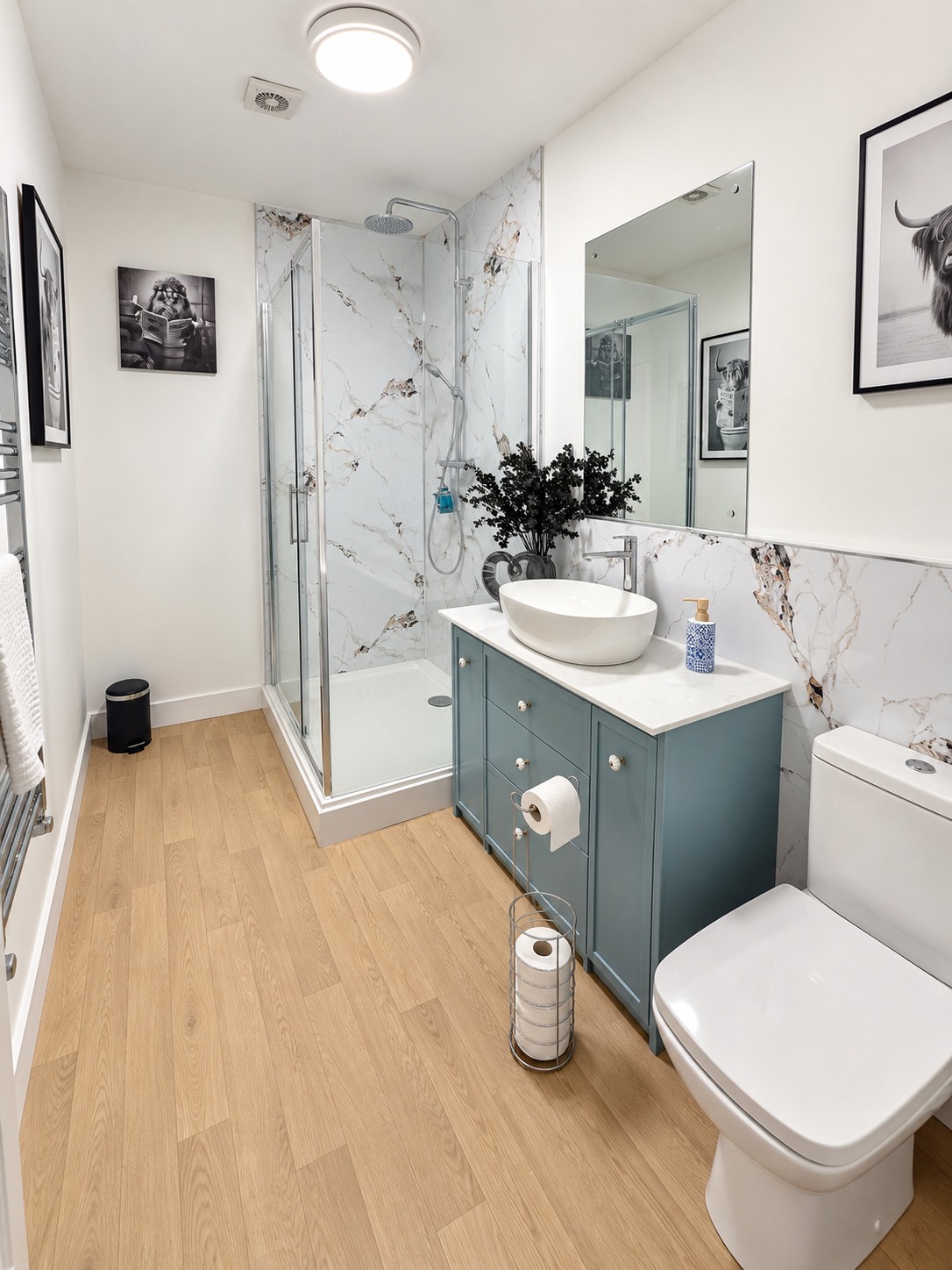 Luna bathroom with walk-in shower and green vanity