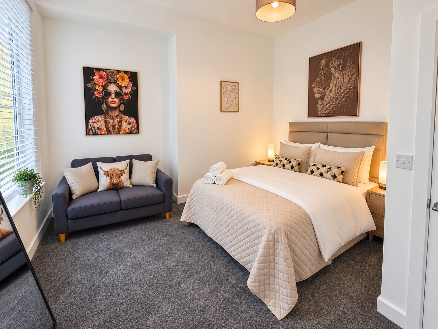 Luna bedroom with upholstered bed, sofa and colourful artwork