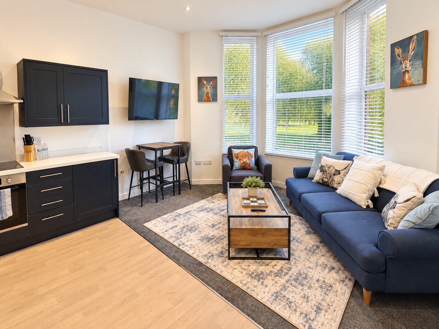 Luna’s bright living room with a park view